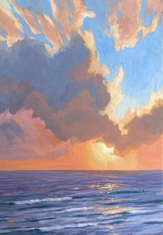 an oil painting of the sun setting over the ocean