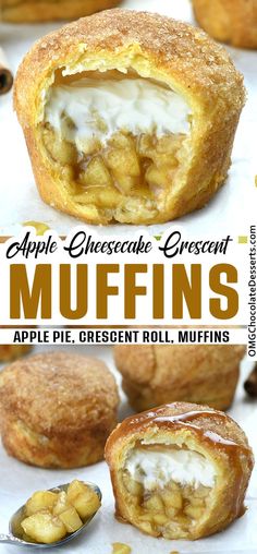 apple cheesecake crescent muffins with the title above it