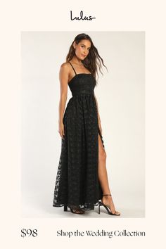 Charm the hearts of everyone you meet when you arrive wearing the Lulus Pursuing Elegance Black Floral Embroidered Lace-Up Maxi Dress! Gorgeous sheer tulle, with dainty floral embroidery throughout, shapes this effortlessly luxurious dress that has a princess-seamed bodice and a straight neckline, supported by slender satin straps that lace down the open back. A high waist (with elastic at back for fit) tops a full A-line skirt that falls to a floor-sweeping maxi hem, accented with a flirty side Black Lace Dress For Party Season, Black Lace Floor-length Dress, Black Flirty Lace Dress, Flirty Black Dress For Gala, Black Lace Maxi Dress For Party, Black Lace Gala Dress, Flirty Black Maxi Dress, Glamorous Black Lace Dress, Black Sequined Midi Maxi Dress