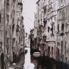 a drawing of a canal with boats in it