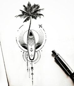 a drawing of a surfboard with a palm tree on it