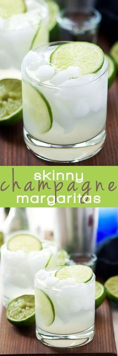 two glasses filled with ice and limes sitting on top of a wooden table next to each other