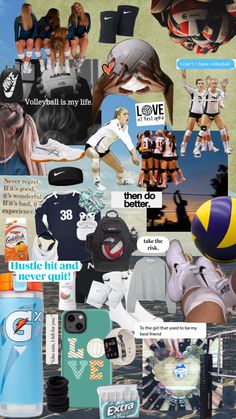 the collage has many different pictures and words on it, including women's volleyball gear