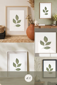 A collage of an olive-green branch of leaves painted in gouache on a plain white background and displayed in five different frames and interior spaces. Four photos show the painting displayed vertically and one displayed on a square canvas. Note that this painting is sold on Etsy as a digital file in varying sizes and not a physical item. Leaves Wall Art, Aesthetic Fall, Leaf Wall Art, Fall Home, Shelf Styling, Minimalist Aesthetic, Gouache Painting, Interior Inspo, Autumn Home