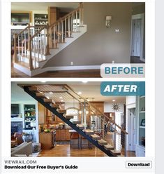 before and after photos of a home's interior remodel, including stairs