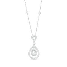 Exude an elegant vibe with the vintage-inspired details of this sophisticated rose-cut diamond double teardrop pendant. Created in 14K white gold A 1/8 ct. rose-cut pear-shaped diamond shimmers in a diamond halo - all wrapped in an open teardrop-shaped frame of diamonds. Above, a round diamond connects the drop to the inverted diamond-framed rose-cut pear-shaped diamond bail. The antique-style rose cut mimics the appearance of petals with triangular facets that beautifully reflect light and spar Elegant White Gold Teardrop Pendant Diamond Necklace, Timeless Teardrop Diamond Necklace For Formal Occasions, Elegant Teardrop Rose Cut Diamond Necklaces, Elegant Teardrop Necklace With Rose Cut Diamonds, Classic Teardrop Diamond Necklace For Wedding, Timeless Teardrop Diamond Necklace, Exquisite White Gold Teardrop Diamond Necklace, Exquisite White Gold Diamond Teardrop Necklace, Elegant Pear-shaped Diamond White Necklace