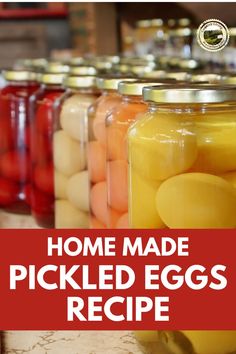 jars filled with pickled eggs on a counter top next to other jars full of pickled eggs