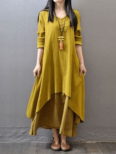 Women Long Sleeve Double Layers Button Asymmetric Vintage Maxi Dress Decoration: Button Elasticity: Inelastic Fit Type: Loose Fit Length: Ankle Length Material: Cotton Neckline: V-Neck Pattern Type: Solid Season: Spring,Summer,autumn,Winter Size: M,L,XL,5XL,2XL,3XL,4XL Sleeve: Long Sleeve Style: Vintage,Casual Thickness: Regular Precise details: Description: Decoration:Button Elasticity:Inelastic Fit Type:Loose Fit Length:Ankle Length Material:Cotton Neckline:V-Neck Pattern Type:Solid Season:Spr Asymmetrical Hem Solid Maxi Dress For Fall, Solid Color Maxi Dress With Asymmetrical Hem For Fall, Solid Maxi Dress With Asymmetrical Hem For Fall, Casual Dress With Asymmetrical Hem And Buttons, Casual Dress With Buttons And Asymmetrical Hem, Casual Solid Maxi Dress With Asymmetrical Hem, Light Dress, Vintage Maxi Dress, Linen Maxi Dress