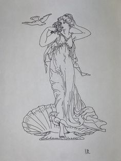 a black and white drawing of a woman with a bird on her shoulder, standing in front of a shell