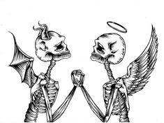 two skeletons with wings and an angel on their heads, one holding the other's head