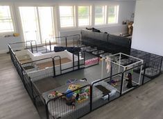 a room with several cages and toys in it