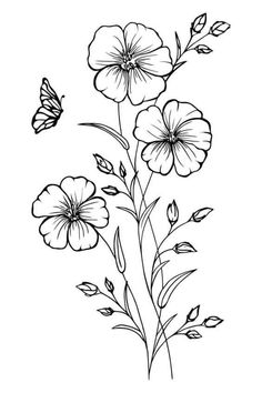 flowers and butterflies are drawn in black ink on a white background, with the outline of two