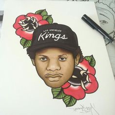 a drawing of a person wearing a hat with roses on it and the words los angeles kings