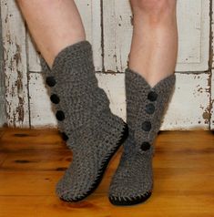 Crochet Boots Pattern-------GRAY BUTTON BOOTS----Street Shoes or Slippers---Newborn through Adult Si Crochet Flip Flop, Crochet Boots Pattern, Cowboy Crochet, Boots Pattern, Button Boots, Crochet Shoes Pattern, Flip Flop Boots, Wrap Boots, Crochet Boots