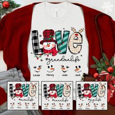 Personalized Christmas Snowman Grandma Shirt, Love Nana Mimi Grandma Gigi Life Shirt Custom Kidnames, Custom Nana Mimi Shirt For Christmas Fiber composition Solid colors are 100% cotton; Heather colors are 50% cotton, 50% polyester (Sport Grey is 90% cotton, 10% polyester); Antique colors are 60% cotton, 40% polyester Fabric Made from specially spun fibers that make very strong and smooth fabric, perfect for printing Without side seams Knitted in one piece using tubular knit, it reduces fabric waste and makes the garment more attractive Ribbed knit collar without seam Ribbed knit makes the collar highly elastic and helps retain its shape Shoulder tape Twill tape covers the shoulder seams to stabilize the back of the garment and prevent stretching Machine wash: warm (max 40C or 105F); Non-c Gigi Life, Mimi Grandma, Kids Christmas Shirt, Christmas Shirts For Kids, Grandma Shirt, Fabric Waste, Grandma Shirts, Christmas Shirt, Christmas Snowman