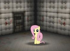 the pink pony is sitting in front of an empty room with mattresses on it