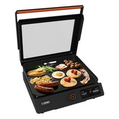 an electric grill with various foods on it