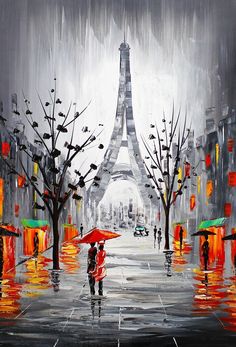 a painting of a person holding an umbrella in the rain near the eiffel tower