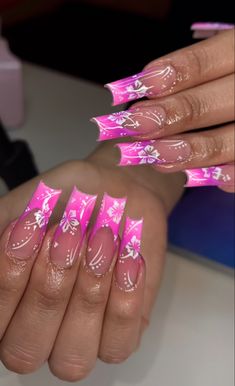 Summer Flower Acrylic Nails, Summer Long Square Nails, Pink French Flower Nails, 2000s Flower Nails, Summer Nails Square Long, Floral Acrylic Nail Designs, Hawaii Nails Acrylic, Pink Hibiscus Nails, Tropical Acrylic Nails