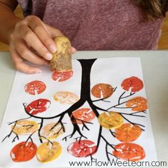 Potato stamps make a beautiful fall leaf painting project. Kitchen Mantle, Cute Art Projects, Potato Stamp, Easter Decorations Dollar Store, Easter Decorations Outdoor, Easter Decorations Christian, Fall Crafts For Kids, Autumn Crafts, Fall Leaf