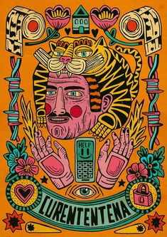 an orange poster with a drawing of a man holding a cell phone in his hand