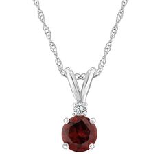 Featuring a round-cut garnet center tone complemented by a dazzling diamond accent, this stylish pendant completes your elegant look. Featuring a round-cut garnet center tone complemented by a dazzling diamond accent, this stylish pendant completes your elegant look. Pendant size: 1/2"L x 1/4"W Chain length: 18 in. Chain type: rope Metal: 14k gold Plating: rhodium Finish: polished Packaging: boxedSTONE DETAILS Stone type: garnet Total weight: 5/8 ct. Stone size: 5 mm Shape: round Setting: prongD Red Jewelry With Round Stone In Prong Setting, Elegant Red Birthstone Necklace For Anniversary, Red Diamond Birthstone Necklace, Red Diamond Necklace With Birthstone, Red Round Necklace With Brilliant Cut, Classic Round Necklace With Lab-created Ruby, Red Jewelry With Brilliant Cut Round Stone, Red Garnet Jewelry With Diamond Accents, Classic Round Lab-created Ruby Necklaces