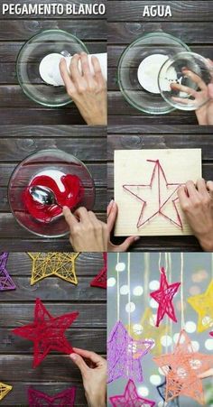 handmade paper stars are being made with string