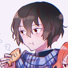 an anime character holding a cookie and looking at the camera with two other characters behind him