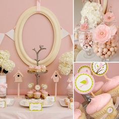 a pink and white baby shower is shown with flowers, cake pops, candies and decorations