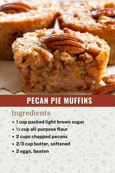 pecan pie muffins recipe with instructions on the bottom and in english text