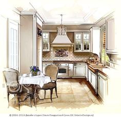 a drawing of a dining room and kitchen area with table, chairs, stove, oven and cabinets