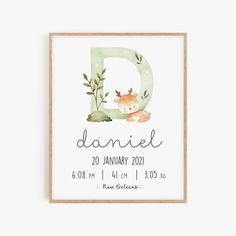 a baby's birth announcement with the letter d in watercolor and an image of a giraffe