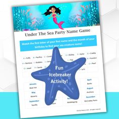 the under the sea party name game with an image of a starfish on it