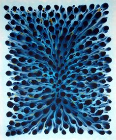 an abstract painting with blue and black circles in the shape of a flower on a white background