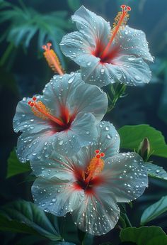 two white and red flowers with water droplets on them in front of some green leaves