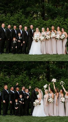 the wedding party is posing for pictures together