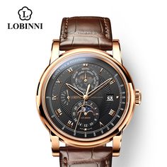 LOBINNI Vintage Automatic Mechanical Luxury Watches Water Resistance Depth: 5Bar Clasp Type: Push Button Hidden Clasp Style: Fashion &amp; Casual Movement: Automatic Self-Wind Band Length: 23cm / 9.06 inch Case Material: STAINLESS STEEL Feature: Shock Resistant Feature: Auto Date Feature: Complete Calendar Feature: Moon Phase Feature: Water Resistant Feature: Week Display Feature: Anti-magnetic Case Shape: ROUND Band Width: 22mm / 0.87 inch Case Thickness: 11.6mm / 0.46 inch Dial Window Mate Men's Watches Luxury, Luxury Watch Brands, Watch Luxury, Automatic Watches For Men, Time Zone, Mechanical Movement, Luxury Watches For Men, Watch Sale, Moon Phases