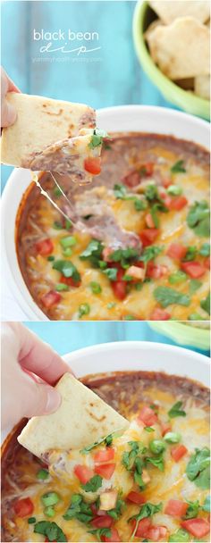 two pictures showing the process to make black bean quesadilla soup with tortilla chips