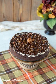 a chocolate cake sitting on top of a table