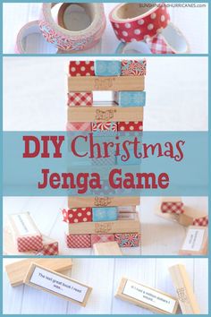 some wooden blocks are stacked on top of each other with the words diy christmas jenga game