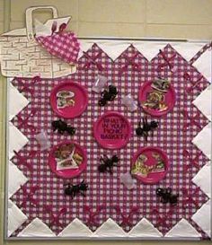 a pink and white checkered wall with plates on it