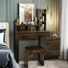 a bedroom scene with focus on the dressing table and stool, along with a bed