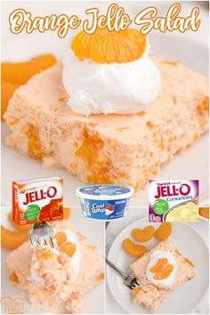 orange jello salad with yogurt and an orange slice on the top is shown