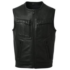 Outdoor Leather Vest With Pockets, Fitted Leather Vest For Outdoor, Black Biker Vest With Zipper Closure, Black Leather Moto Vest, Leather Biker Jacket With Multiple Pockets, Black Leather Vest For Motorcycling, Black Leather Motorcycle Vest, Black Leather Biker Vest, Classic Leather Vest For Biker Events