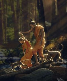 an image of two people in the woods with dogs on a log and one man holding something