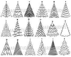 christmas trees drawn in black and white