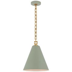 the brass and green pendant light with chain hanging from it's side, against a white background