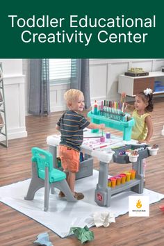 two children playing with toys in a playroom