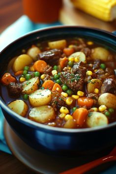 a blue bowl filled with stew and vegetables