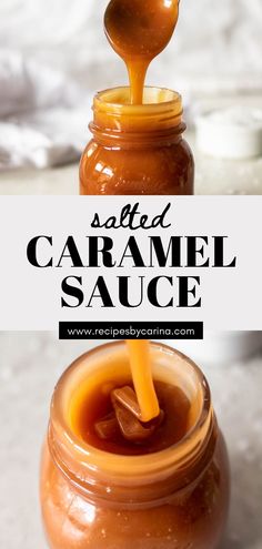 homemade salted caramel sauce in a glass jar with a spoon sticking out of it